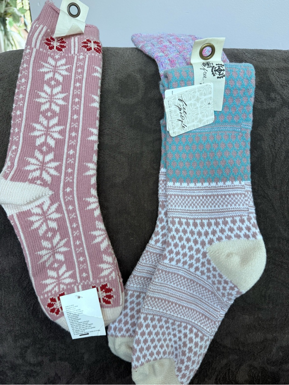 Free People Fair Isle Knit Socks in Pink & Light Blue - Picture 2 of 5